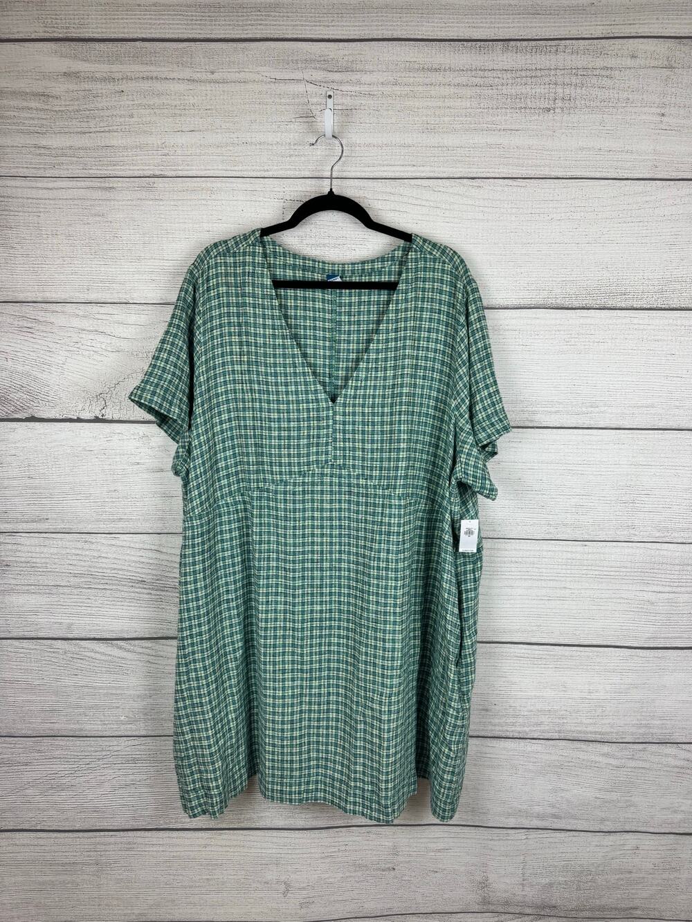 Old Navy Plus Size Green Plaid Short Sleeve Linen Blend Mini Dress Size 3X